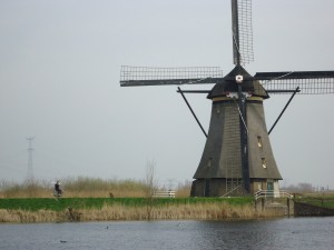 Dutchman riding a bicycle near Kinderdijk windmill on www.adventuresinexpatland.com